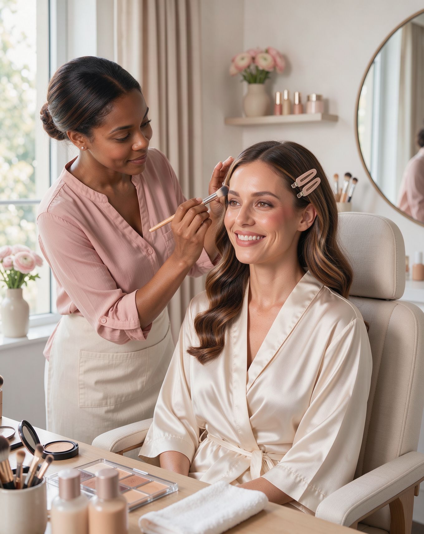 Makeup artist applying makeup in a beauty studio