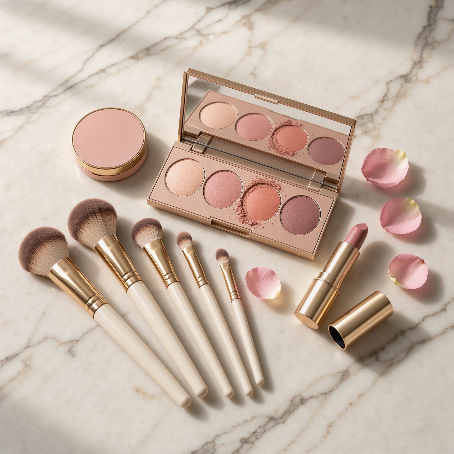 Makeup brushes and palette flat lay