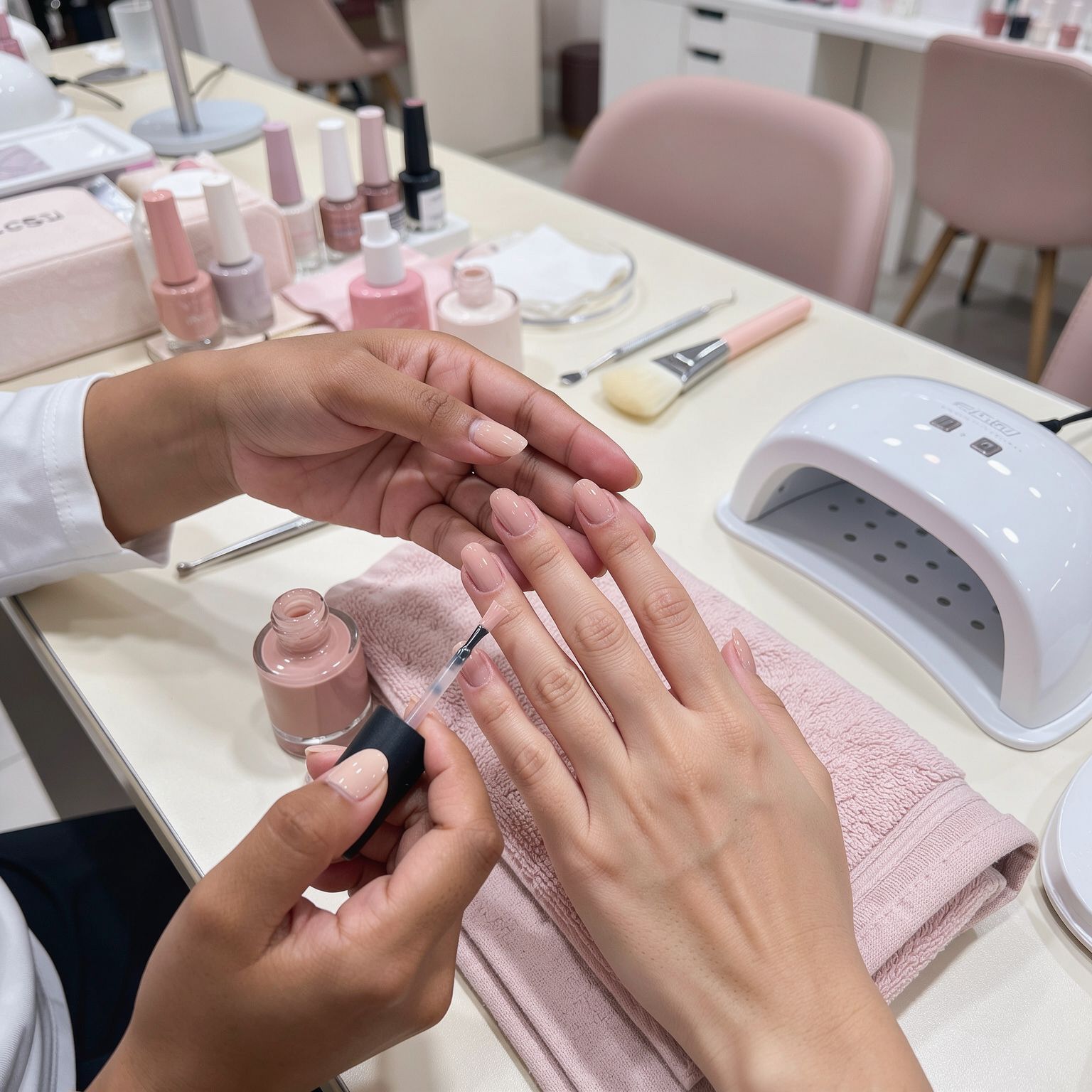 Nude-pink gel manicure in a nail salon