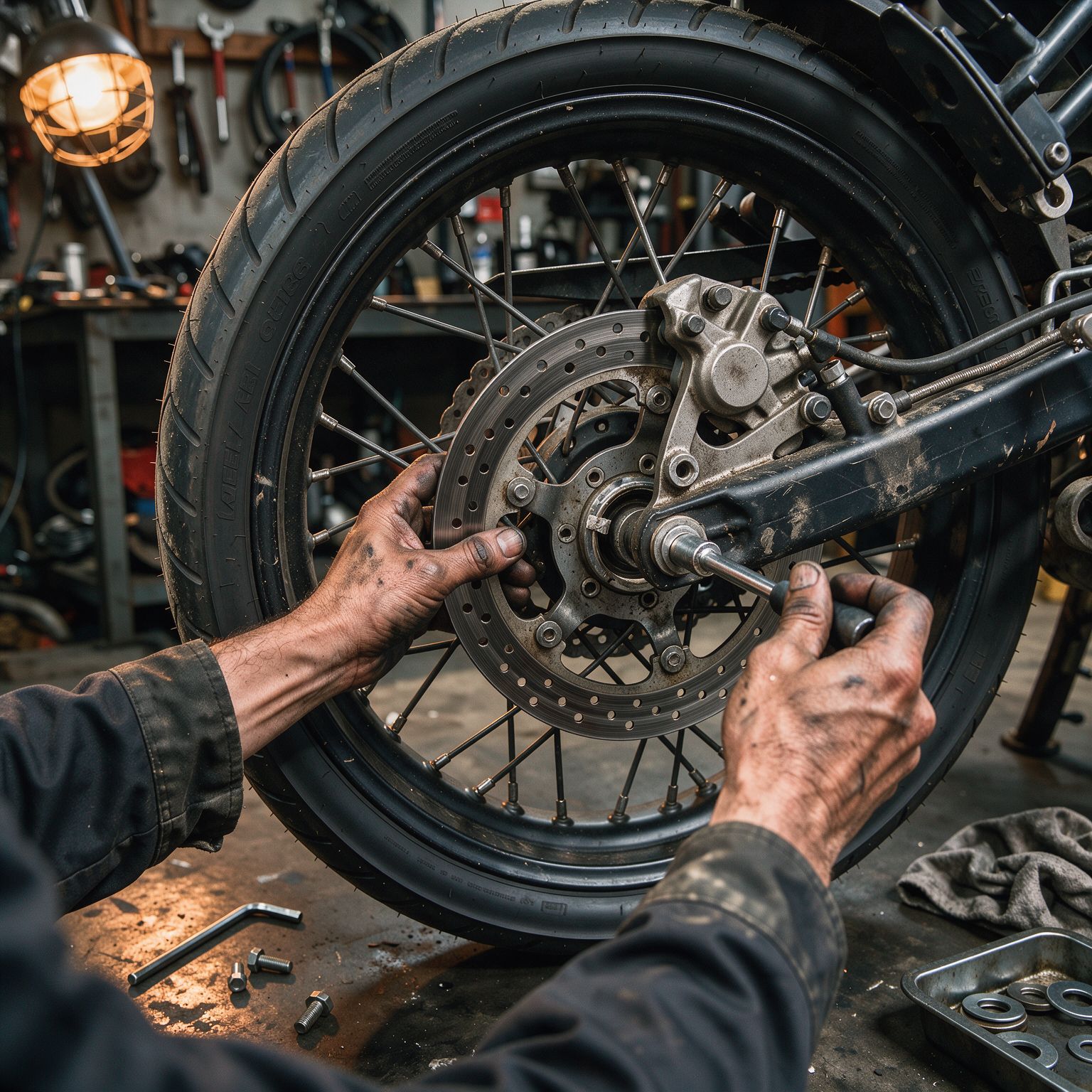 Mechanic servicing motorcycle brakes