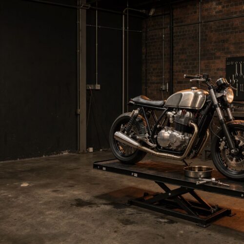 Custom motorbike in an industrial workshop