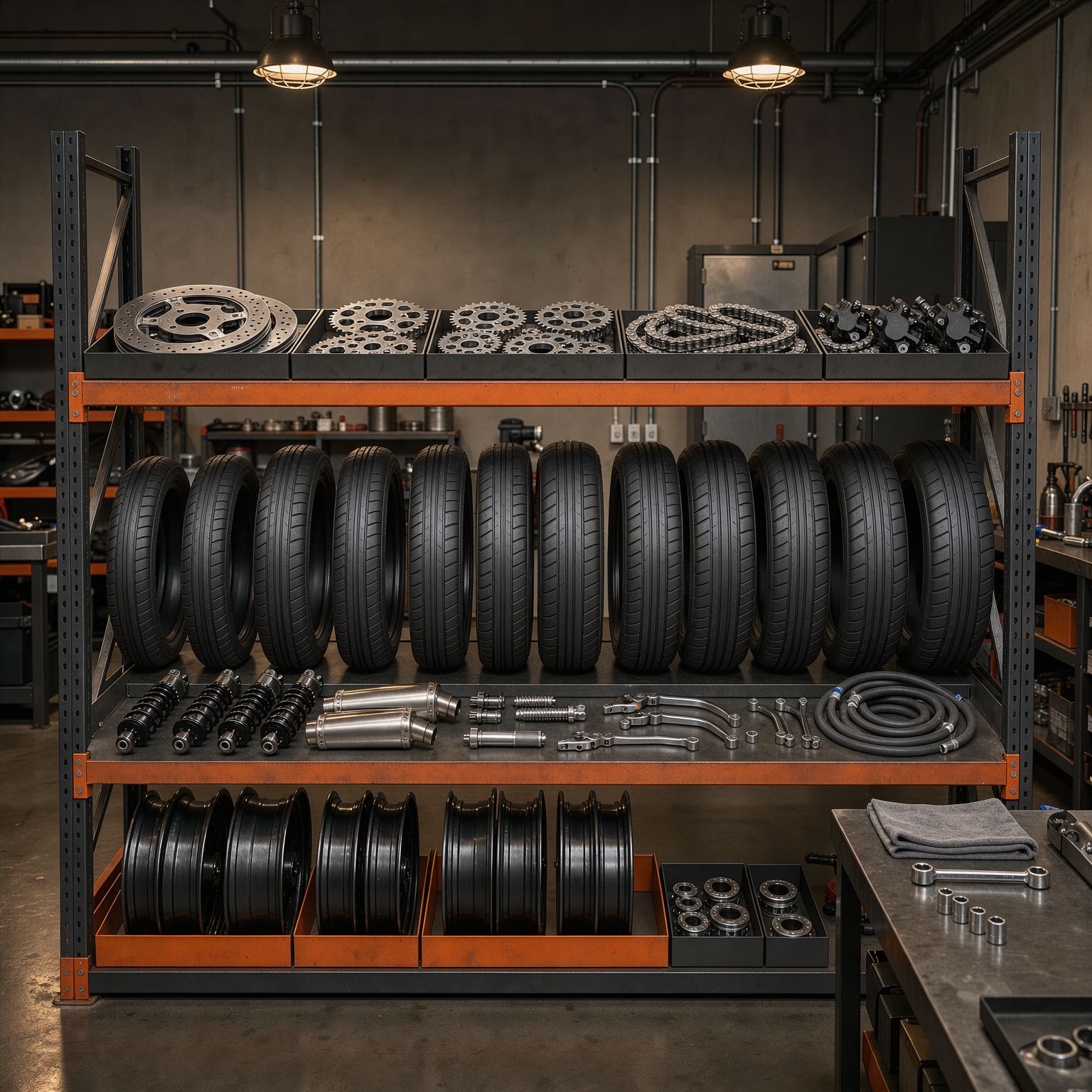 Motorcycle tyres and parts on shelving