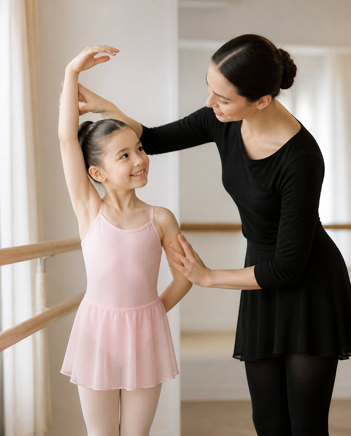 Dance teacher helping a young ballet student